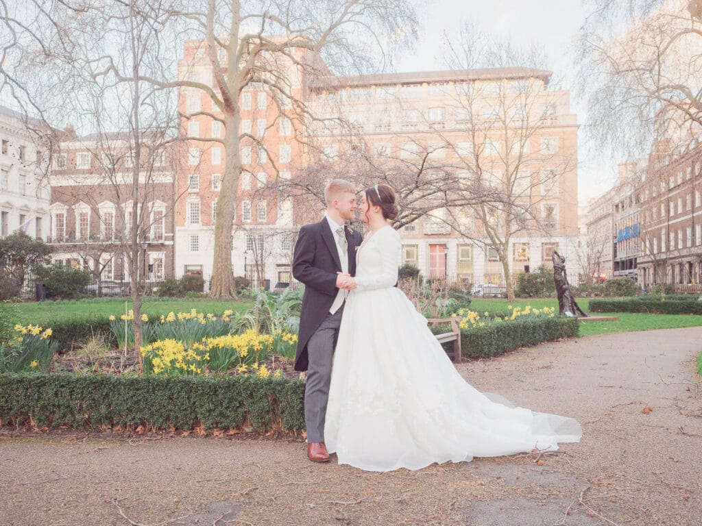 Bride and groom in St. James's Square, London