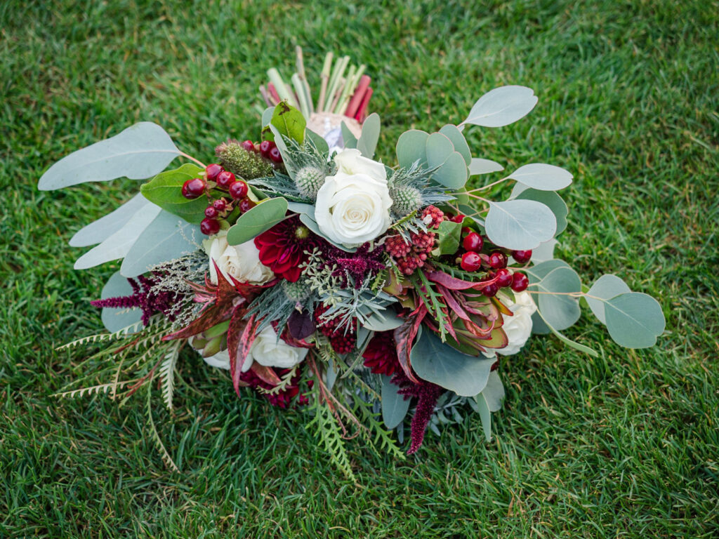 Autumnal bridal bouquet on the lawn