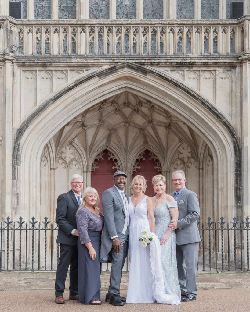 Winchester Cathedral wedding group portrait at the west front