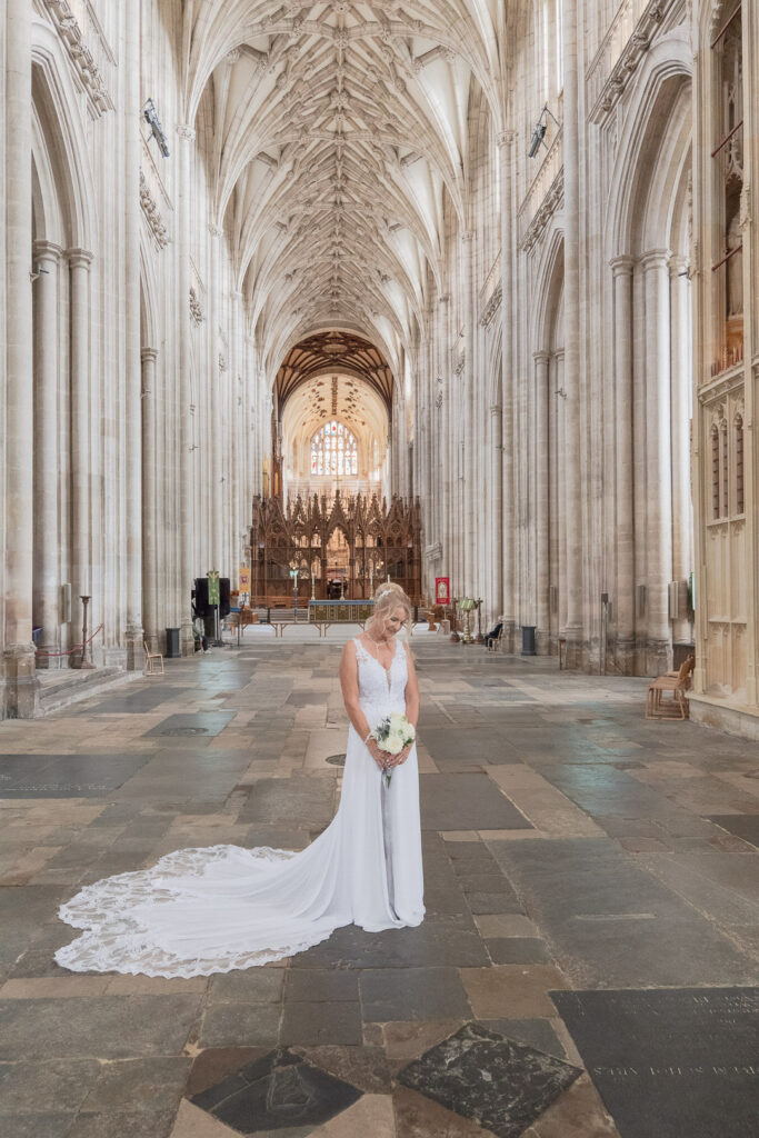 Winchester Cathedral wedding – bridal portrait in the empty nave