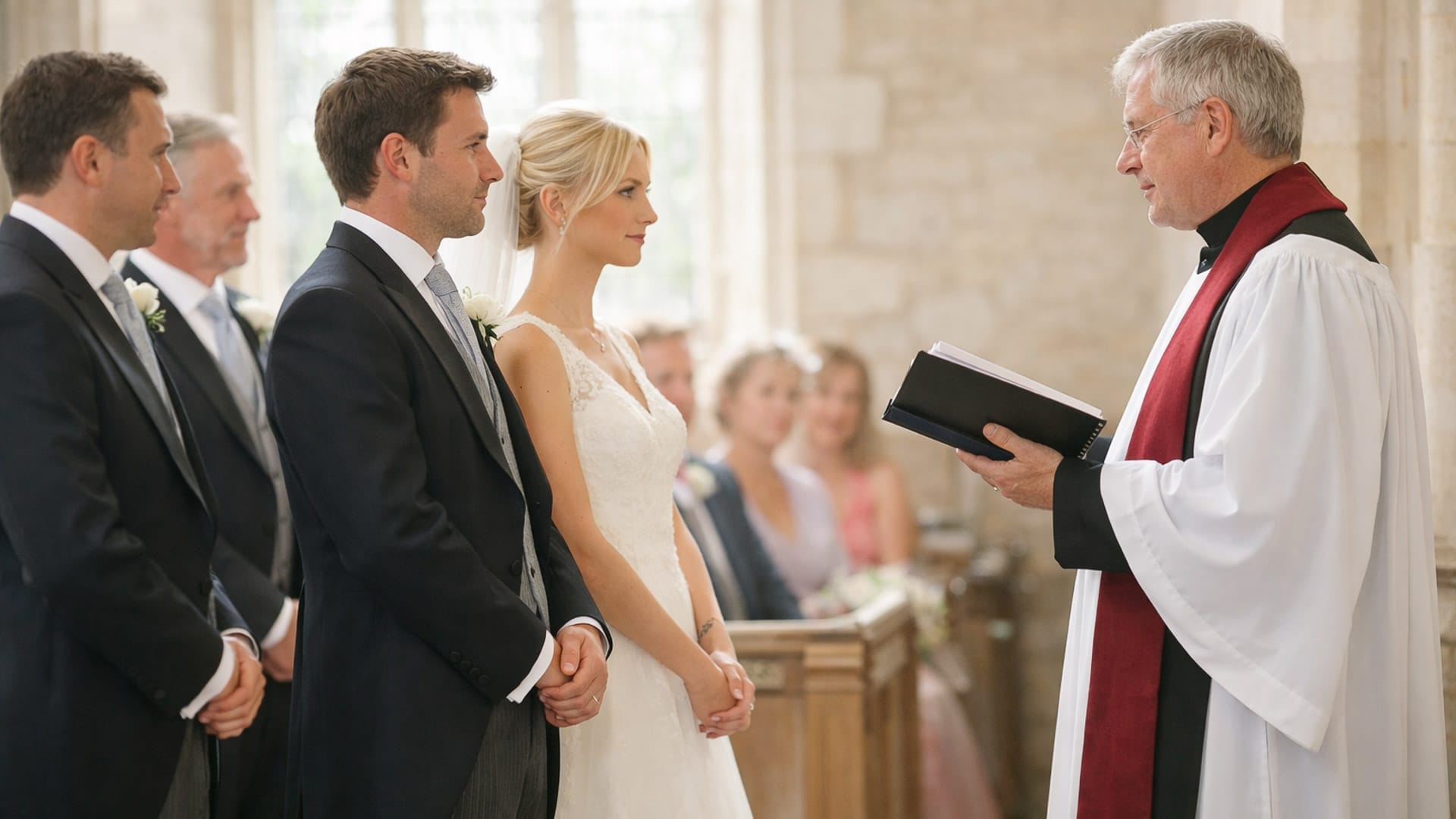 Vicar addresses couple at the start of their English country church wedding
