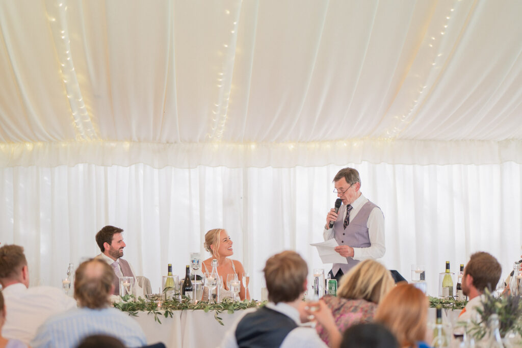 Father of the bride makes his speech during wedding reception at Parley Manor